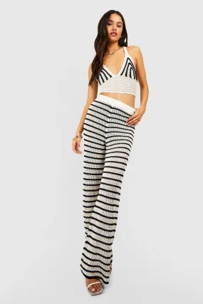 Stripe Crochet Bralette And Wide Leg Pants Set