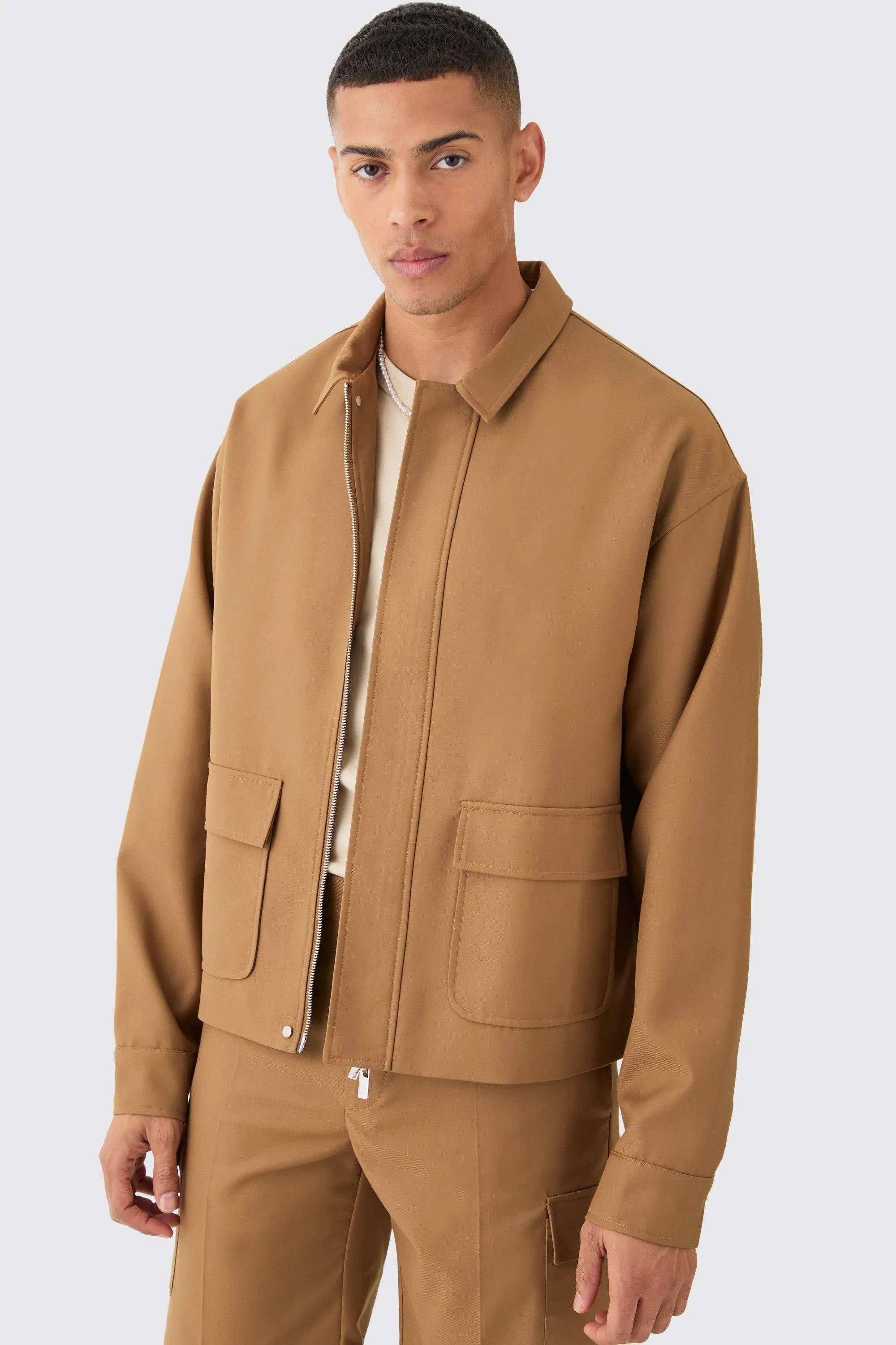 Tailored Regular Fit Pocket Front Zip Up Harrington Jacket | boohooMAN UK