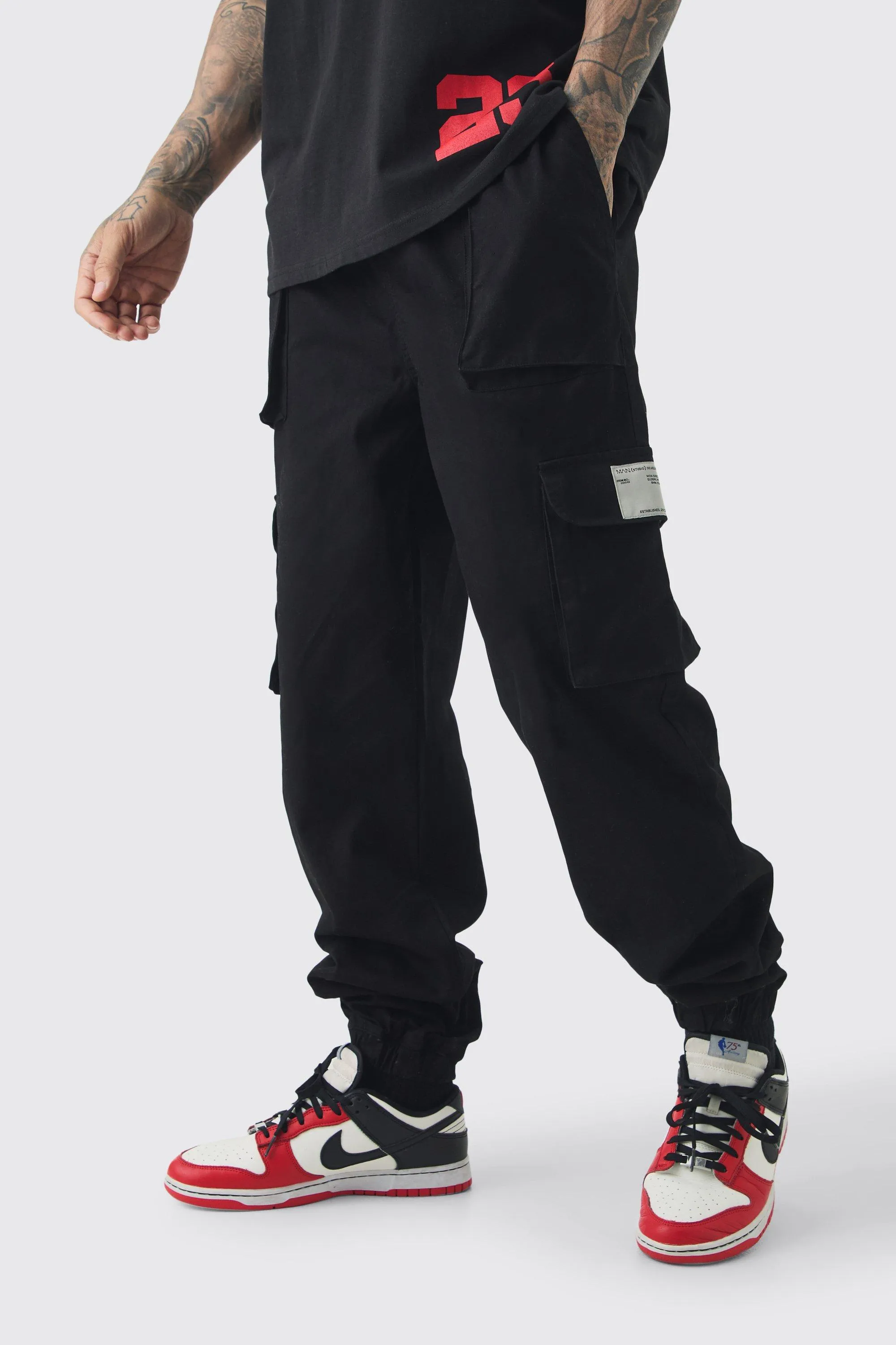 Tall Cuffed Hem Woven Tab Cargo Pants In Black