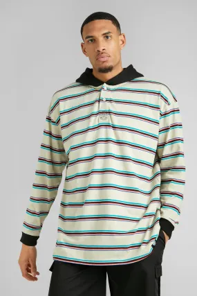 Tall Oversized Hooded Stripe Long Sleeve Polo | boohooMAN UK