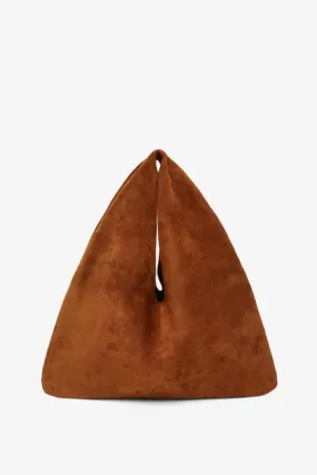 The Row Small Bindle caramel suede shoulder bag