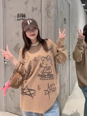 Thebestxue retro loose large version coffee color hellokitty hot diamond pullover long-sleeved T-shirt top for women