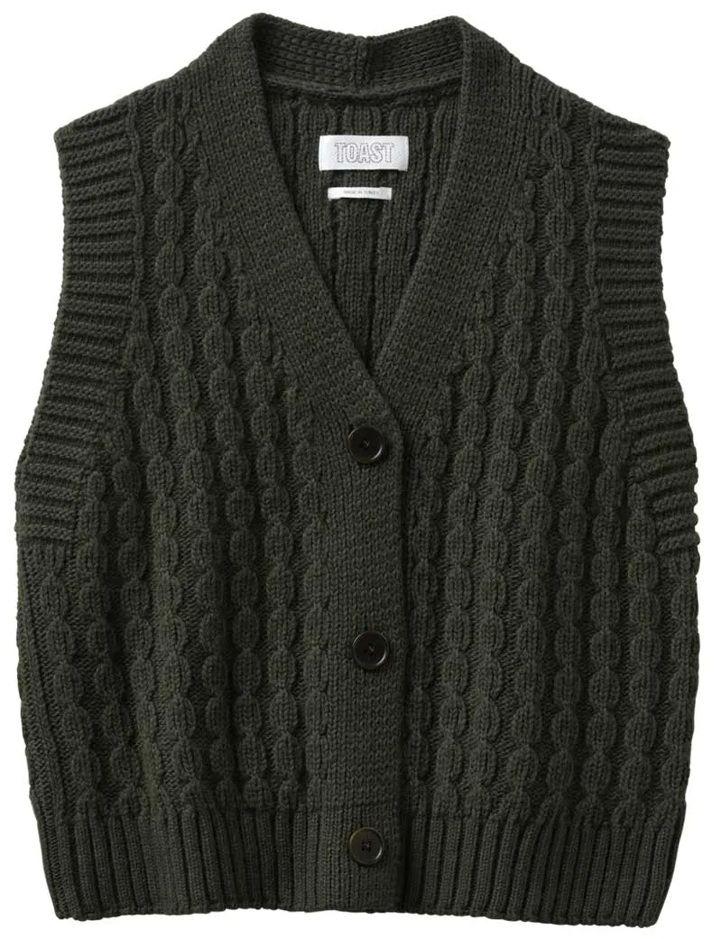 Toast Textured Knitted Waistcoat Darkest Olive