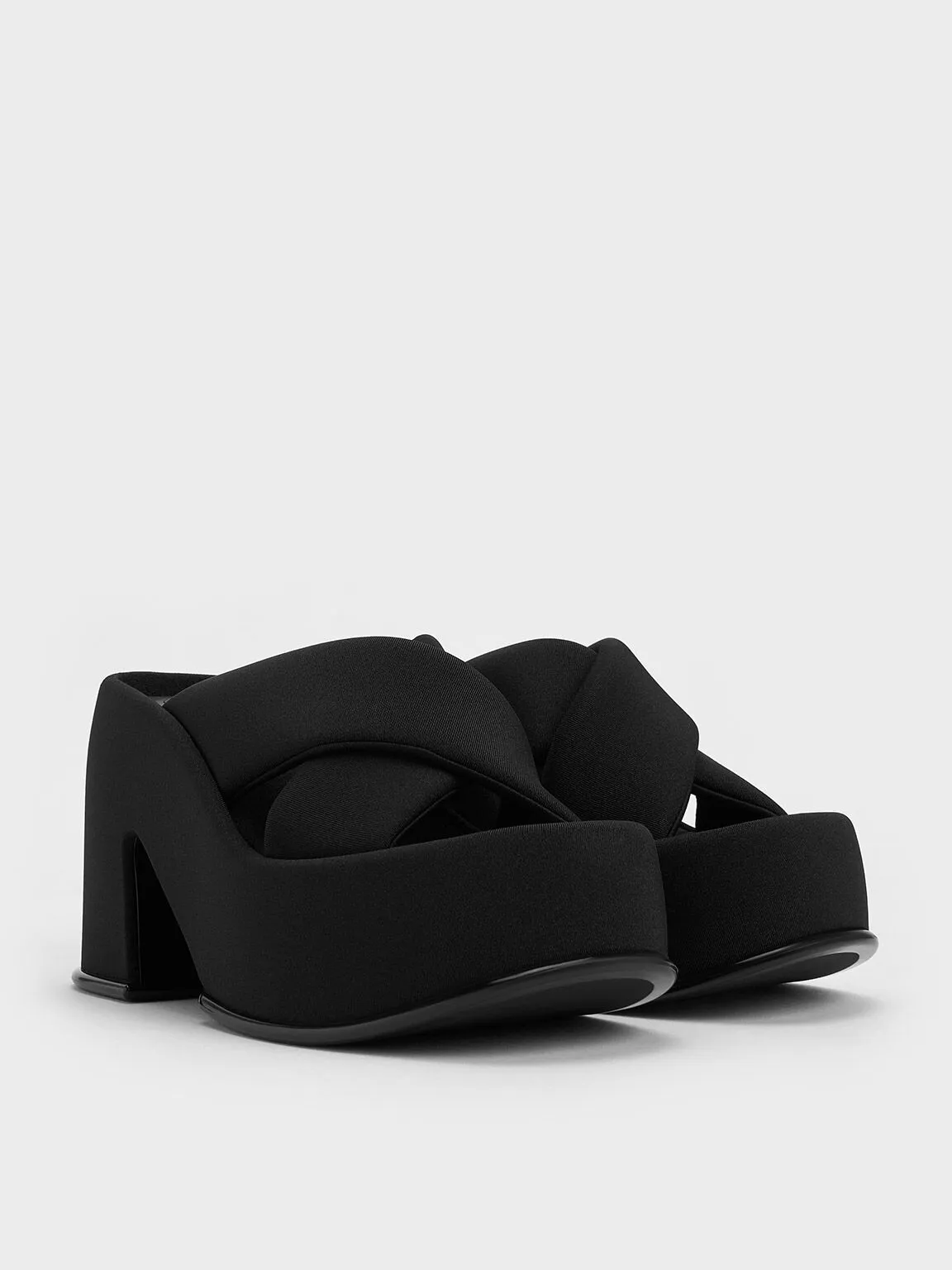 Toni Puffy-Strap Crossover Platform Mules - Black Textured