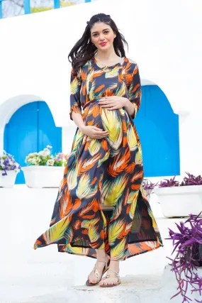 Tropical Crepe Side Slit Maternity & Feeding Dress