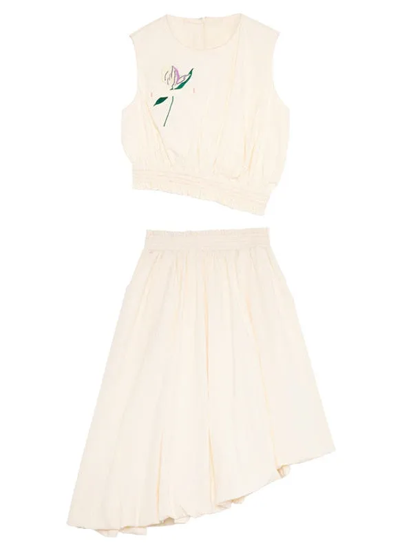 Tulip Embroidery Curved Hem Vest & Bud Skirt