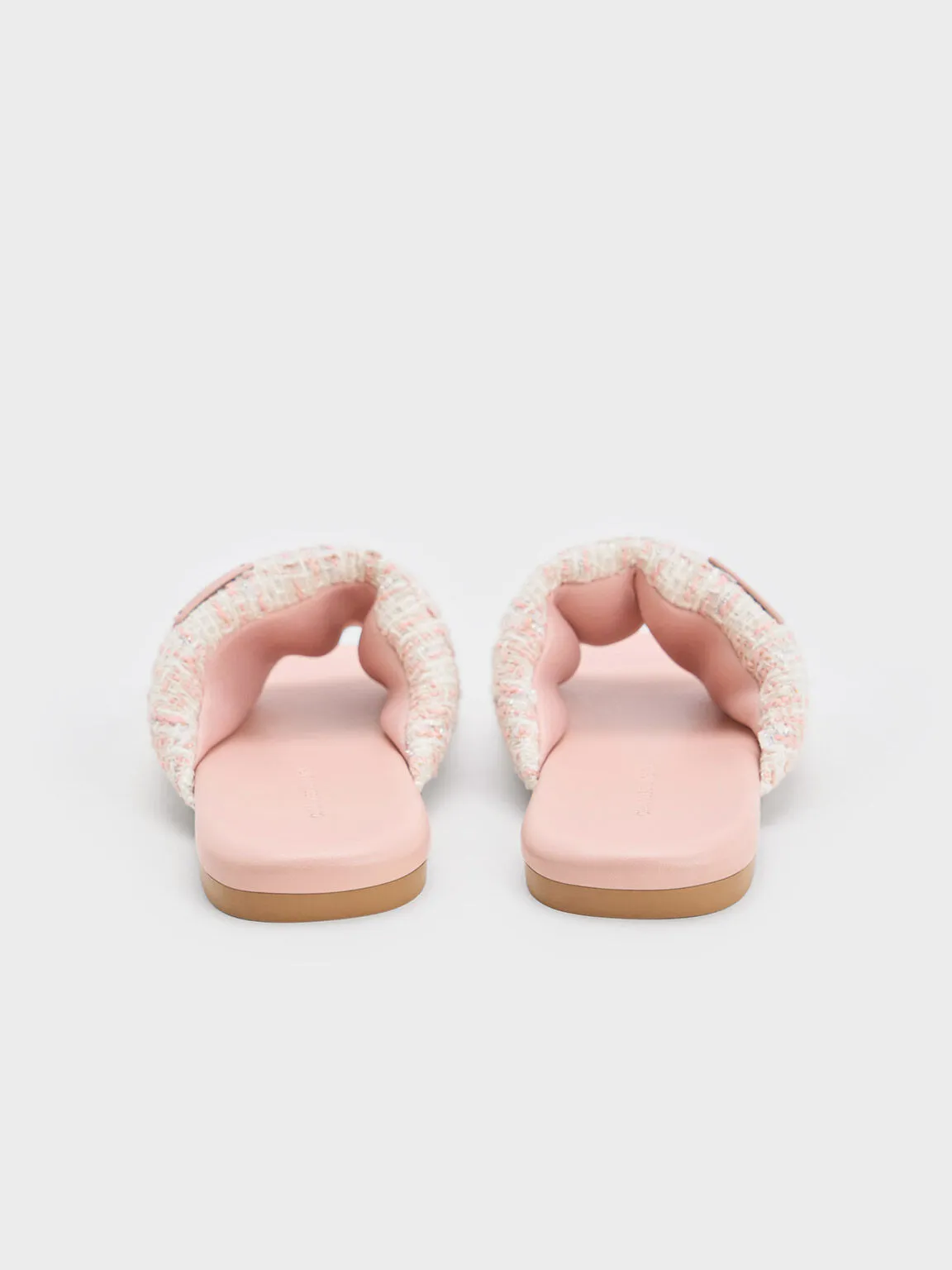 Tweed Puffy Wide-Strap Slide Sandals - Light Pink