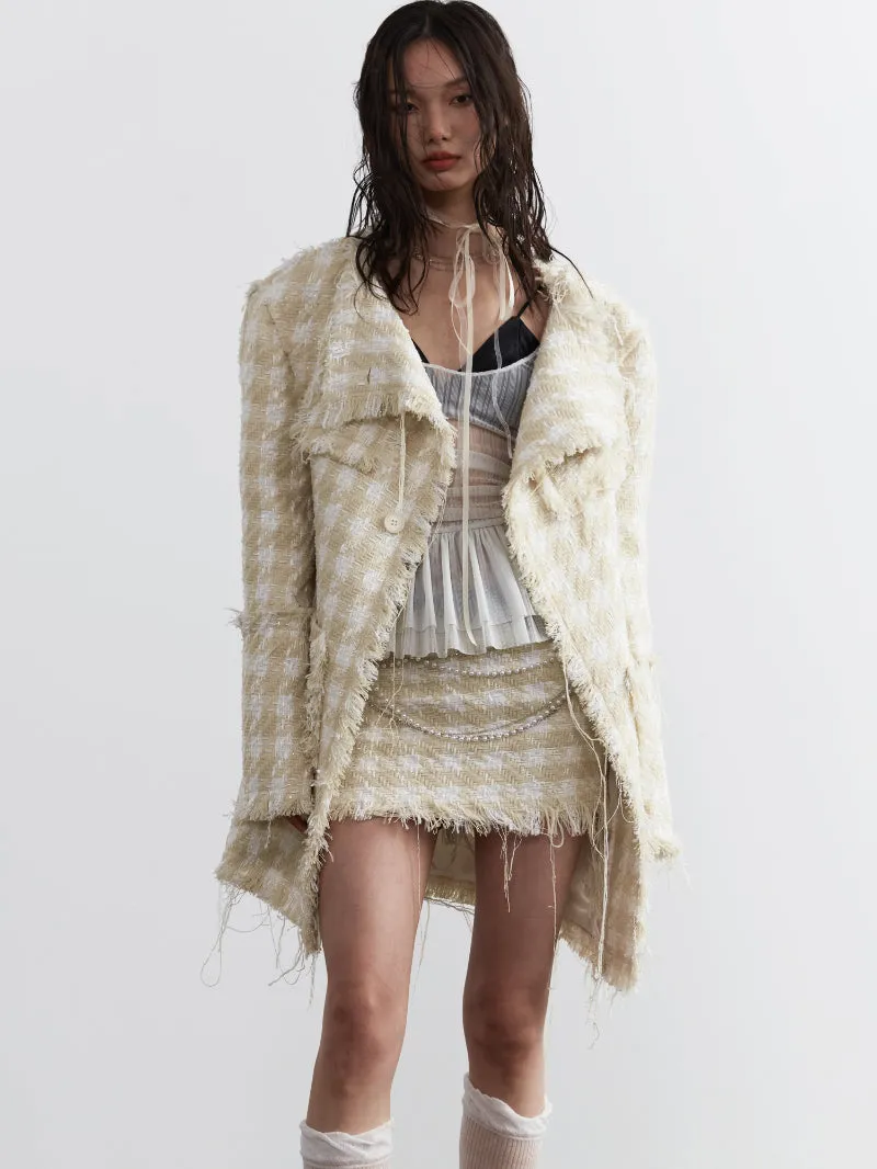 Tweed Tassel Cut-Off Checked Retro Jacket