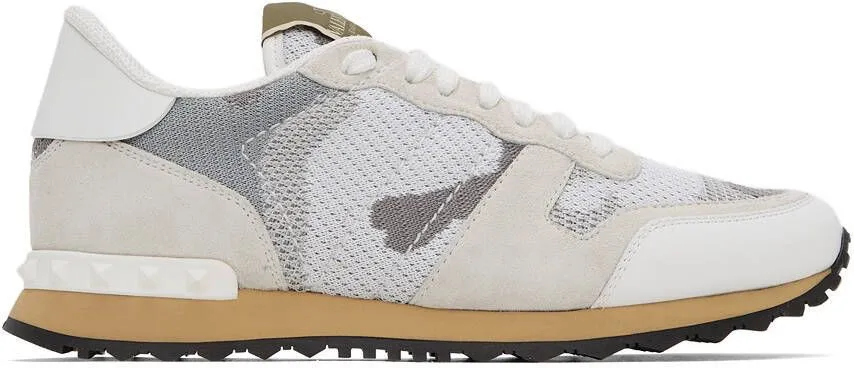 Valentino Garavani White & Grey Camo Mesh Rockrunner Sneakers