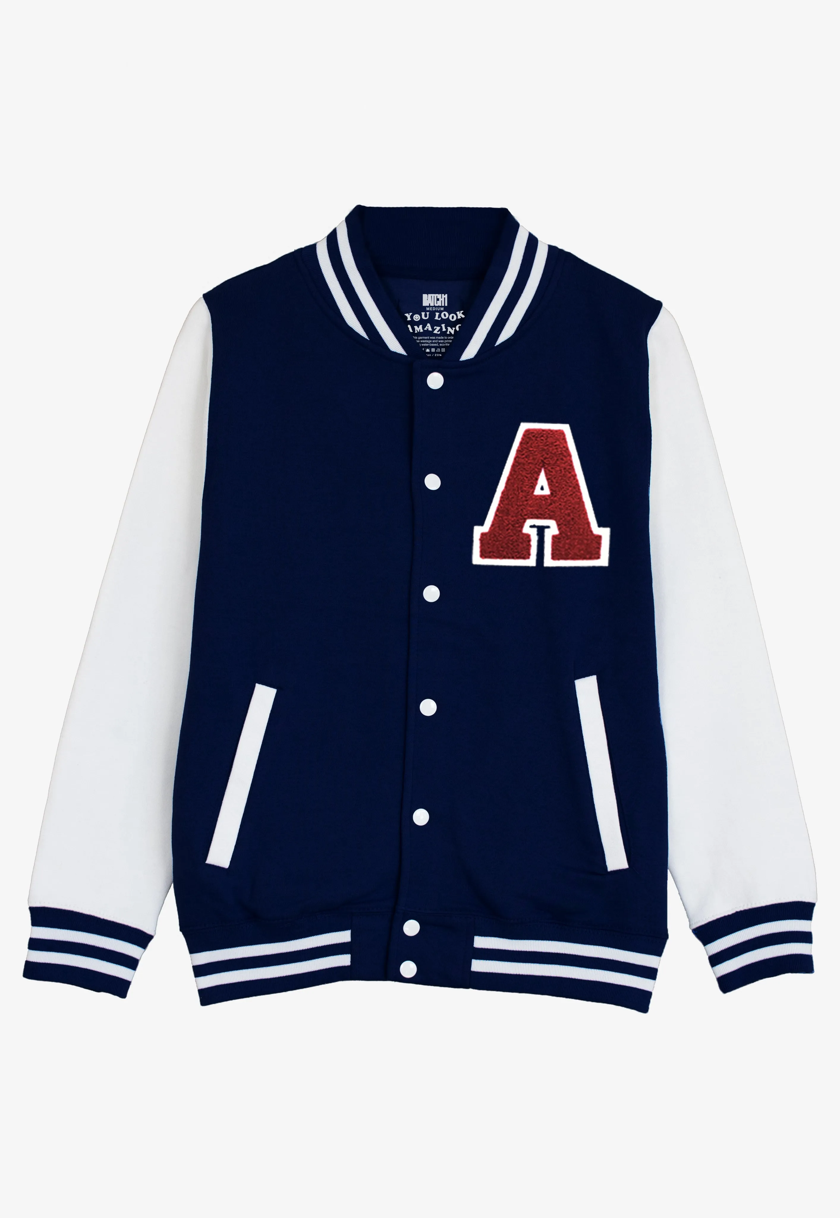 VARSITY BASEBALL JACKET UNISEX PERSONALISED WITH GENUINE US COLLEGE LETTER A