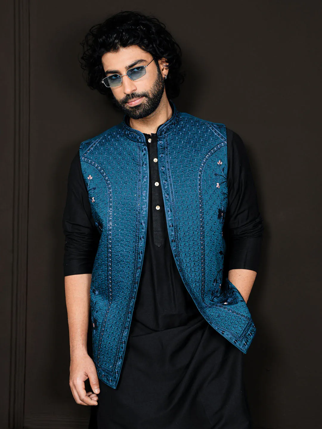 VASTRAMAY Men's Black And Turquoise Viscose Jacket, Kurta and Pyjama Set
