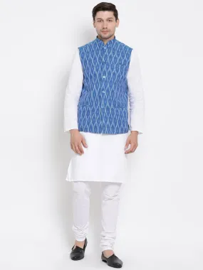 VASTRAMAY Men's White Cotton Kurta, Blue Ethnic Jacket and Pyjama Set