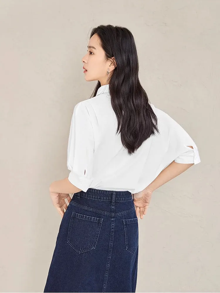 Vincent Van Gogh joint dialogue French mid-sleeve shirt women's summer 2024 new silk scarf pleated white top