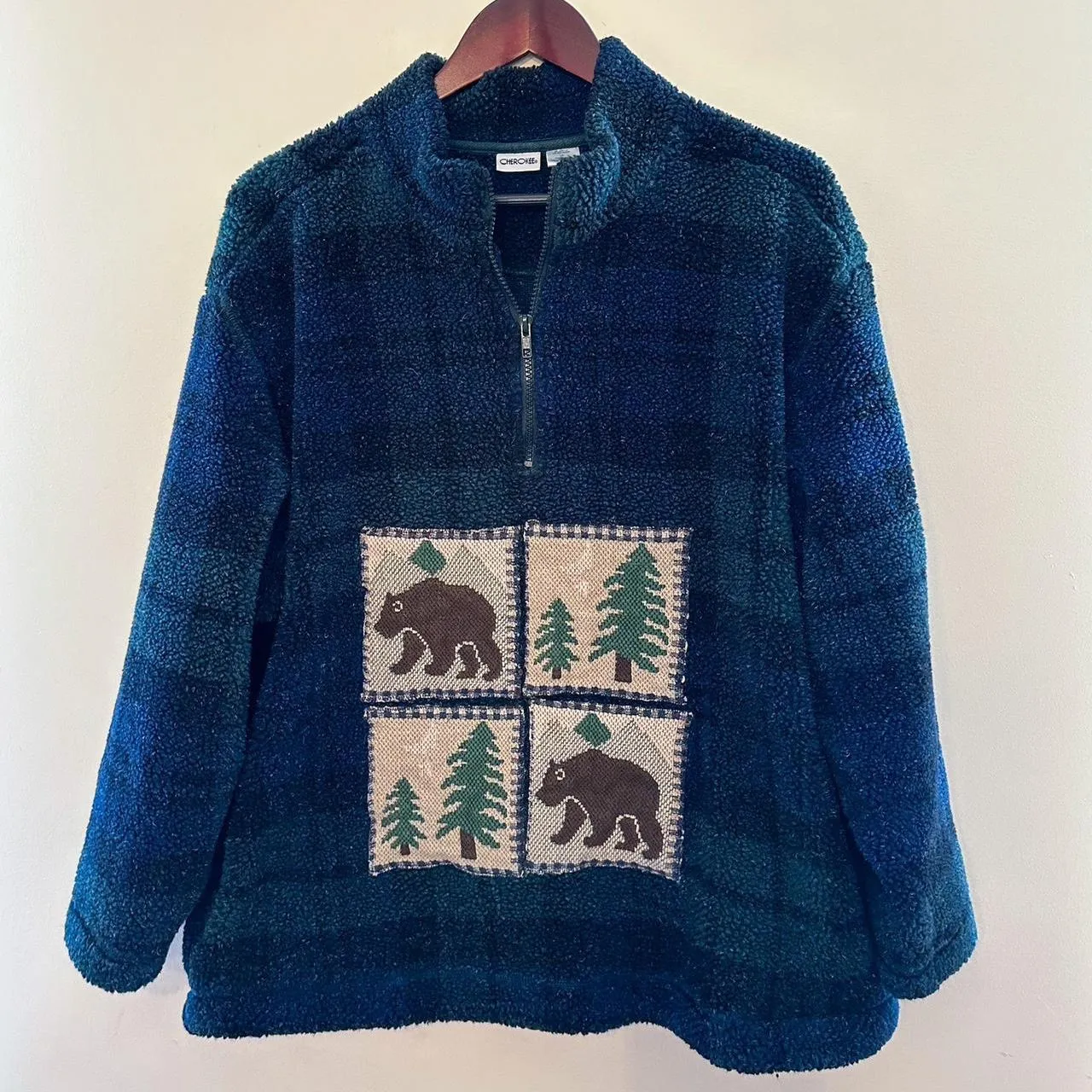 Vintage Sherpa Navy and Green Plaid Cabin Quilt Pullover