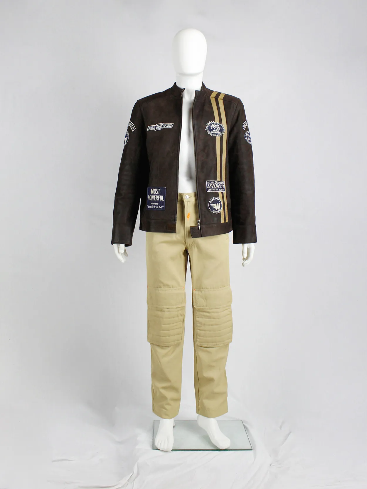 Walter Van Beirendonck W&LT beige trousers with kneepad pockets and neon orange details — 1990’s
