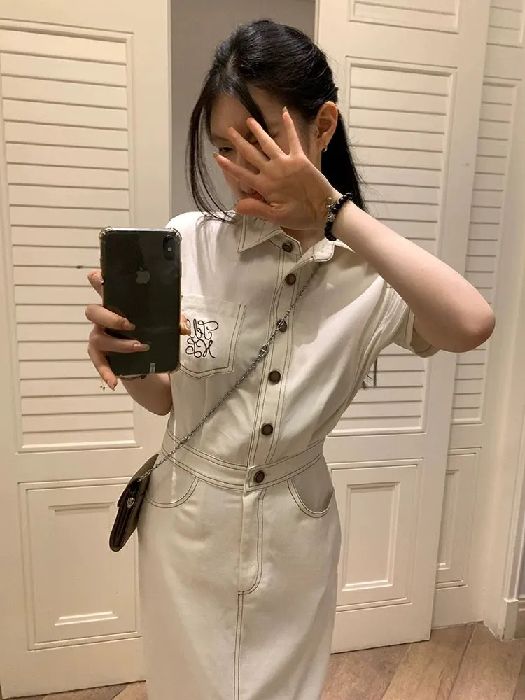 Wang Girl's shop short-sleeved shirt dress summer new Korean style small waist slimming casual workwear long skirt