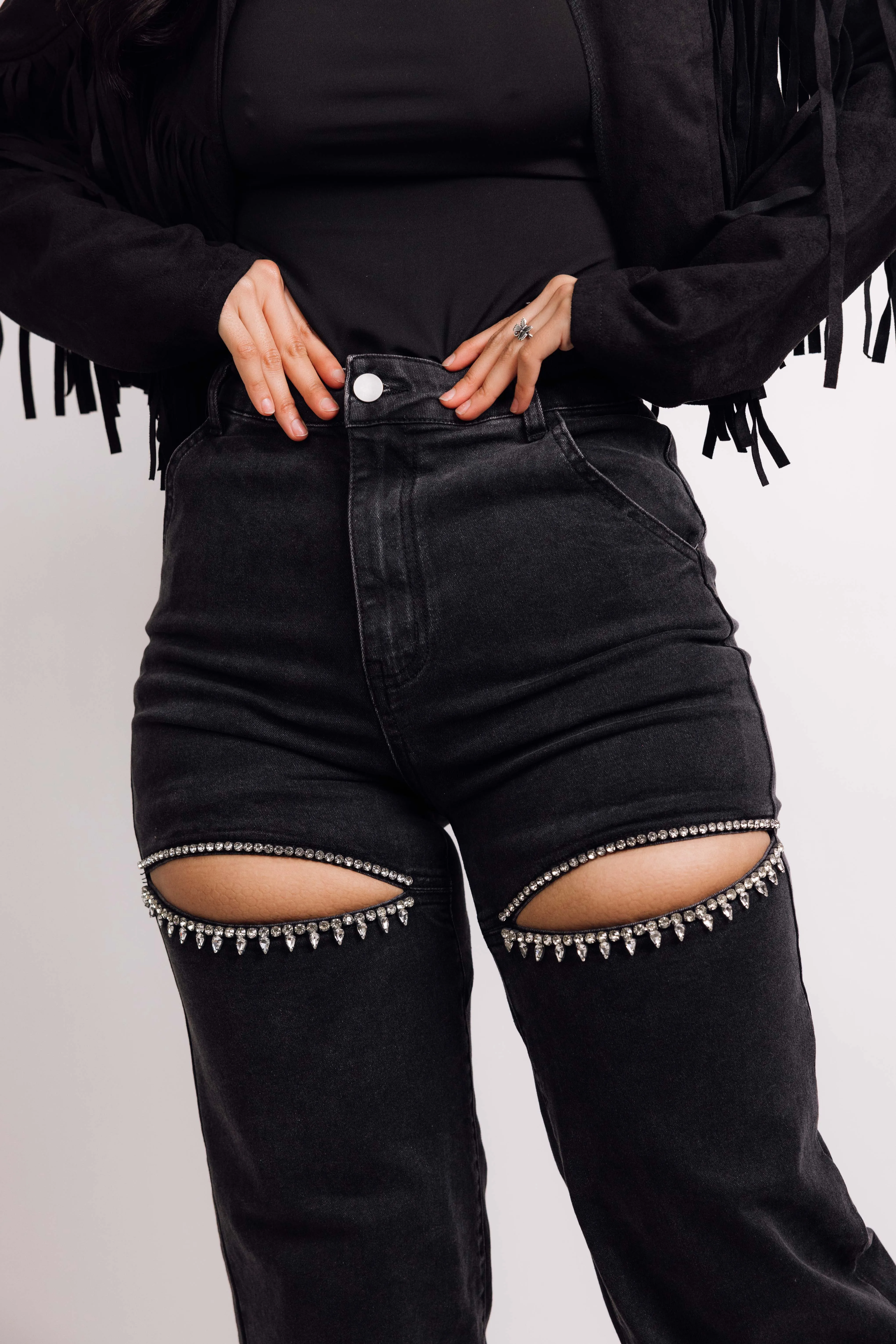 Washed Denim Rhinestone Cutout Jeans