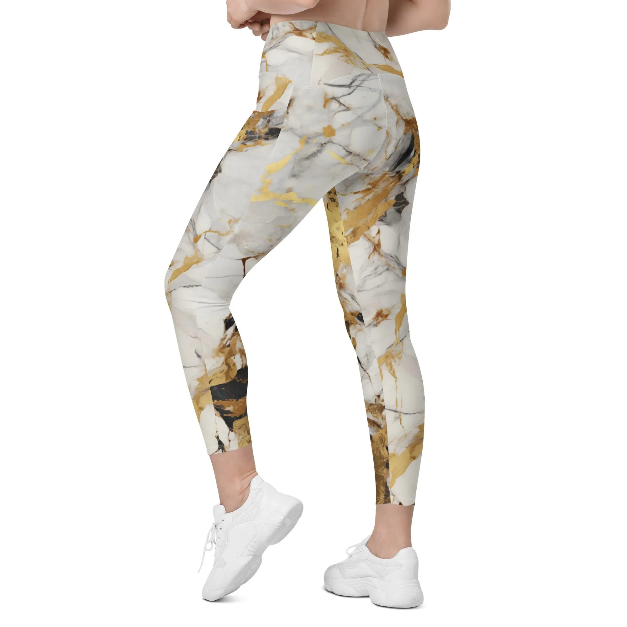White & Gold Marble Leggings With Pockets