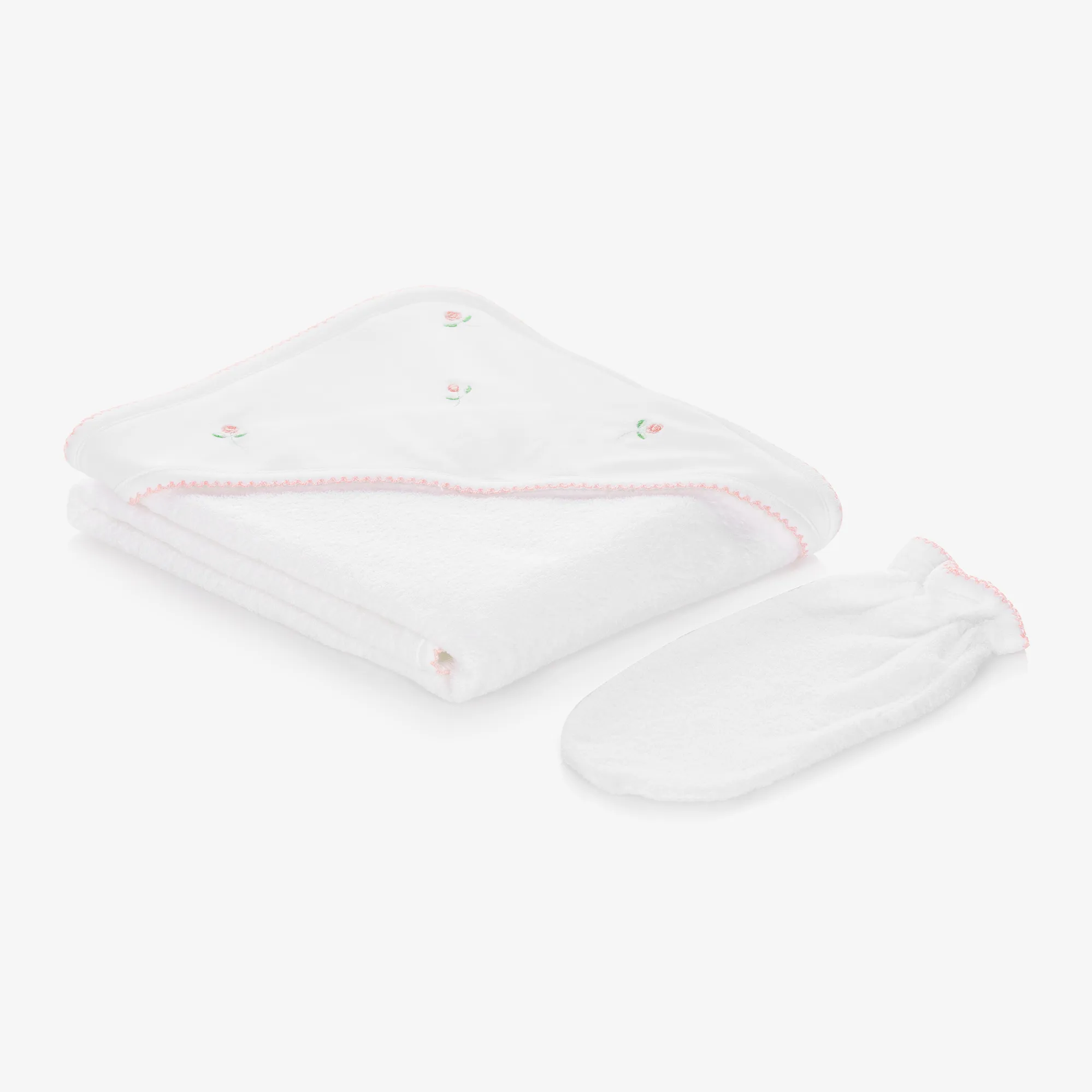 White Cotton Roses Hooded Towel & Mitt Set