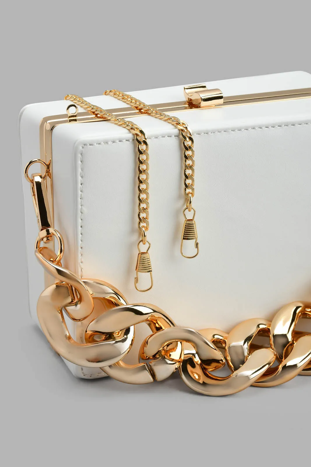 White Evening Clutch With Gold Chain
