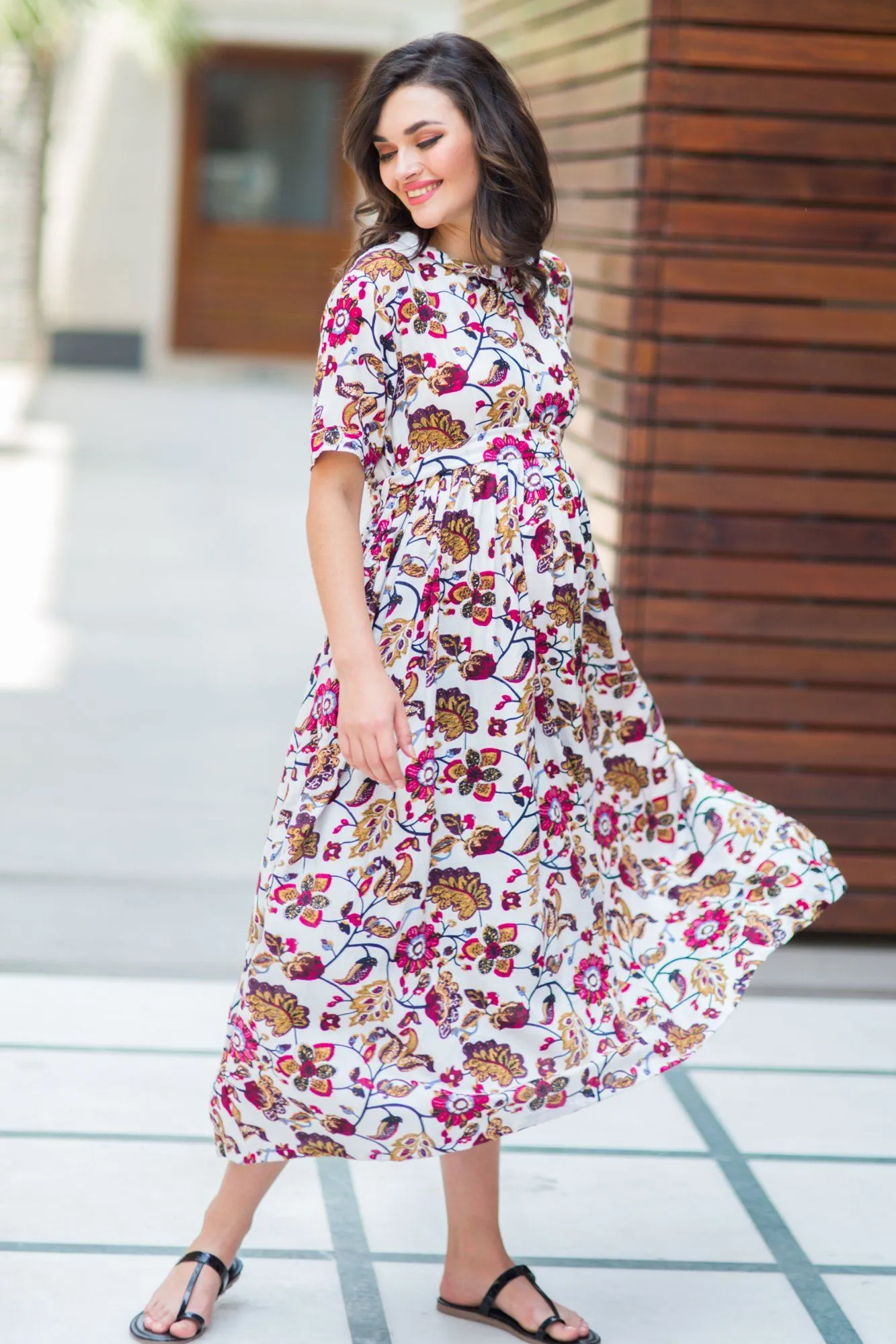 White Floral Maternity & Nursing Kurta Dress