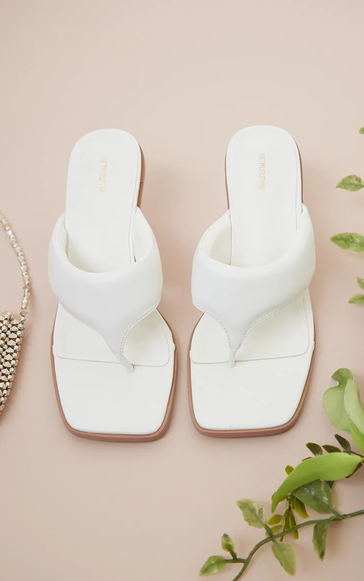 White Padded Thong Strap Square Low Heeled Sandals