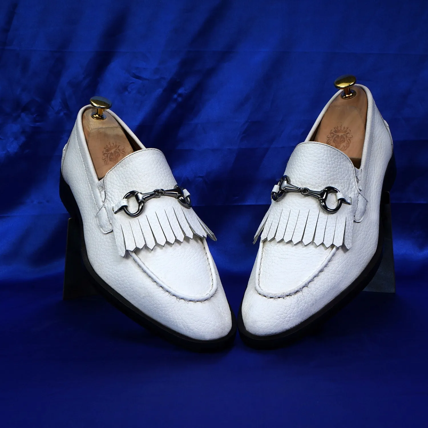 White Slip-On Shoes with Fringes & Horse-Bit Buckle Detailing