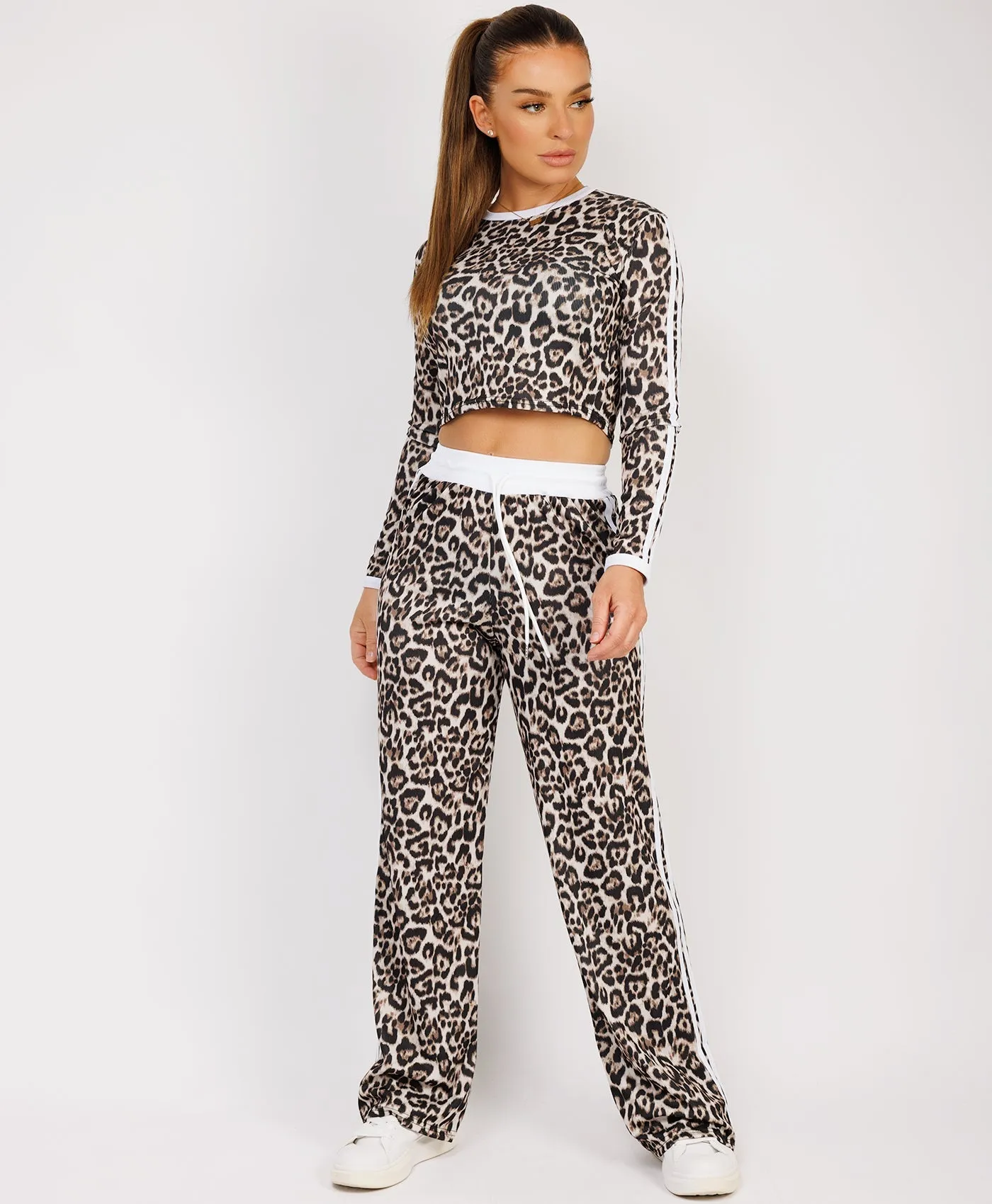 White Striped Leopard Print Ribbed Crop Top & Trousers Loungewear Set