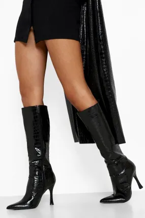 Wide Width Croc Knee High Heeled Boots