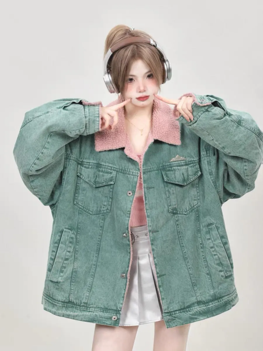 Winter American loose niche design green denim cotton jacket for women 2023 new thickened lamb wool cotton jacket A3342