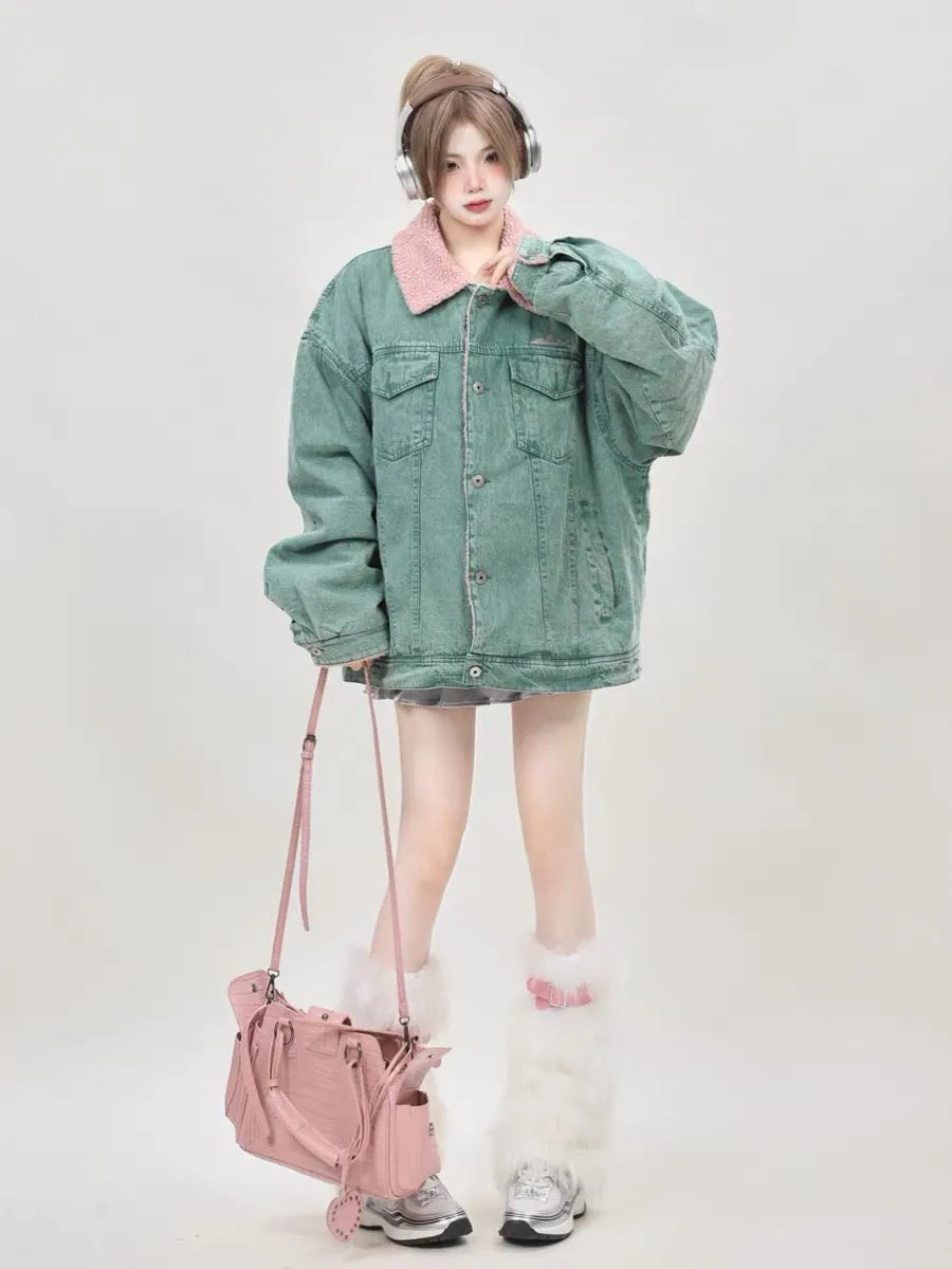 Winter American loose niche design green denim cotton jacket for women 2023 new thickened lamb wool cotton jacket A3342