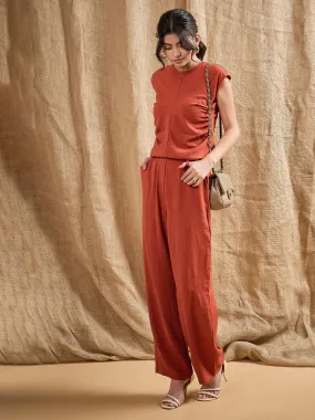 Women Rust Pleated Sleeveless Top With Pants