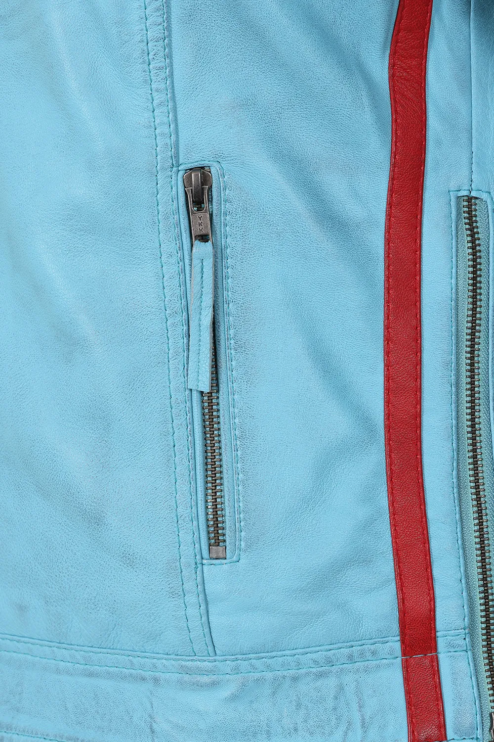 Women's Aqua Blue Racing Style Leather Jacket with Red Stripes - FRANCIS