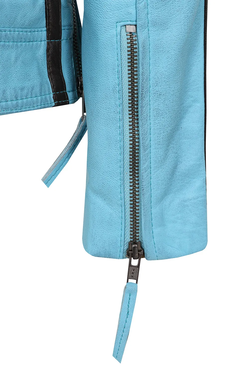 Women's Aqua Blue Racing Style Leather Jacket with Red Stripes - FRANCIS