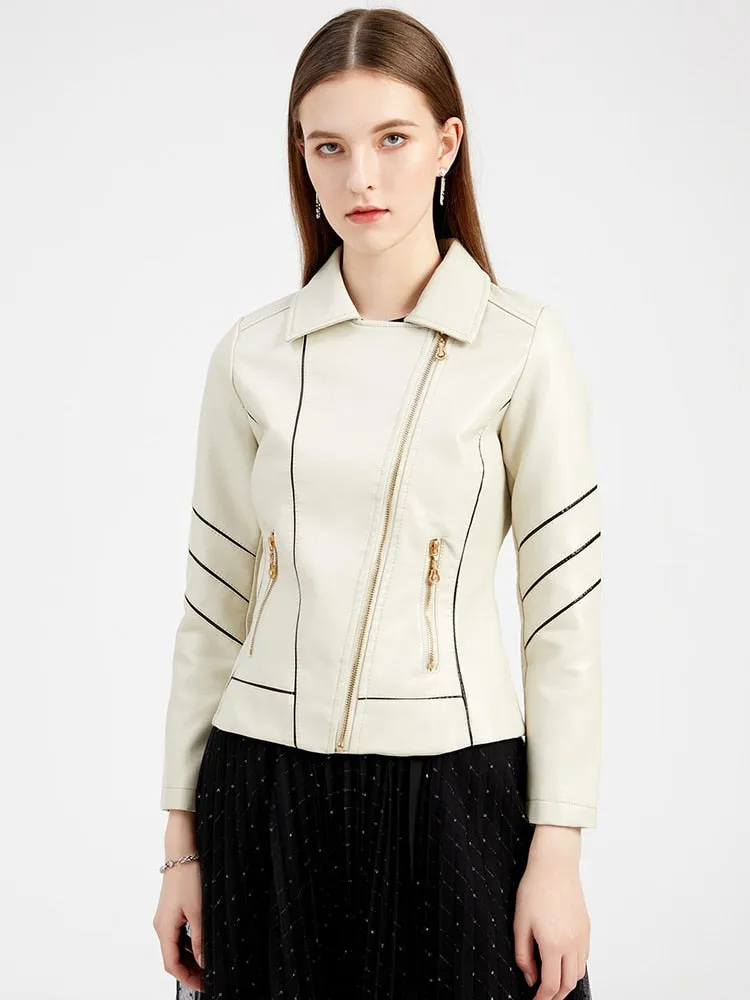 Women's Autumn Full Sleeve synthetic Leather Moto Biker Zipper Jacket