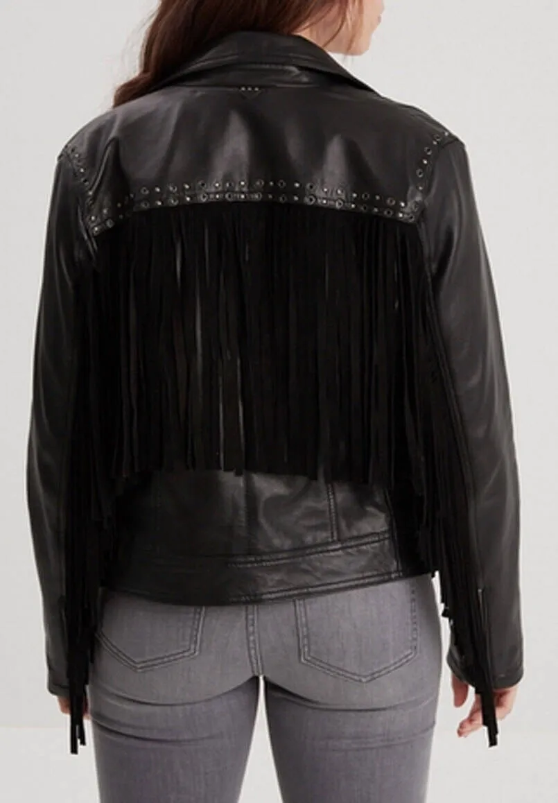 Women's black biker style leather jacket with fringes 102591