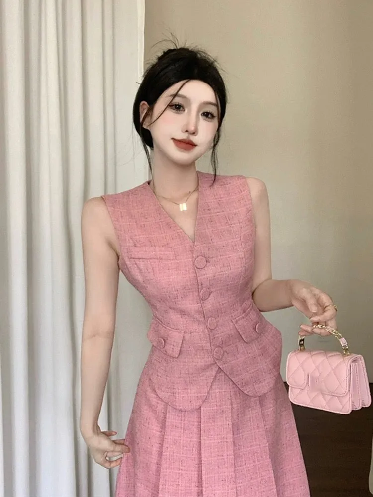 Xiaoxiangfeng suit women's new summer style elegant lady sleeveless single-breasted vest + high-waisted pleated half-length skir