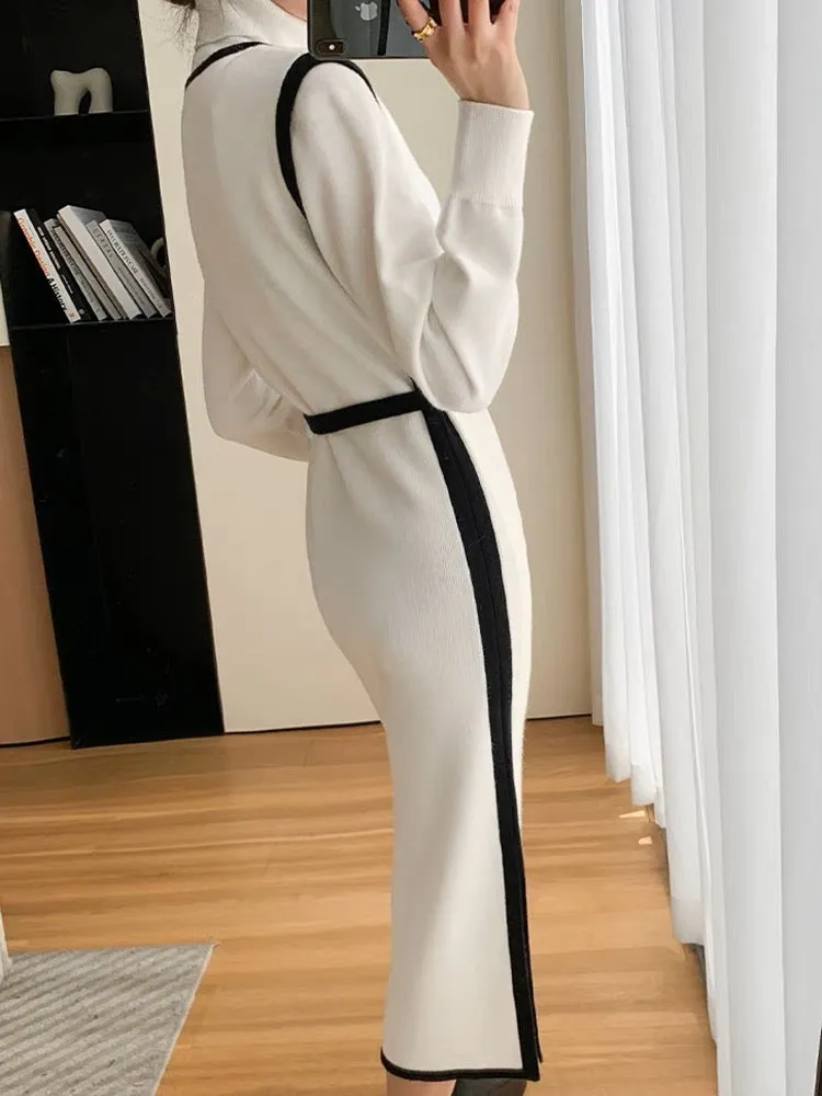 Xiaoxiangfeng white knitted dress autumn and winter new French retro temperament Hepburn style inner bottoming sweater skirt