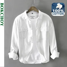 Xituodai 2022 Autumn Winter New Men New Men's White Long Sleeve Shirt Pure Cotton Retro Style Button Up Pocket White Workwear GA