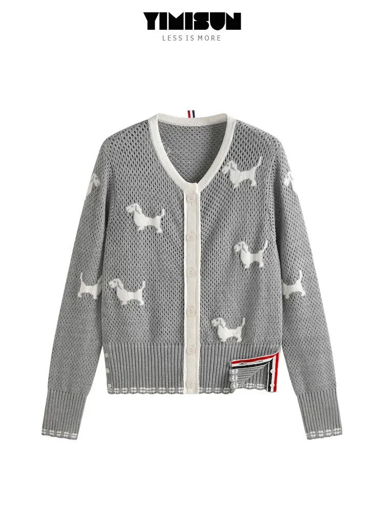 YIMISUN Colorful Puppy Jacquard Knitted Cardigan Women's Hollow Mesh Design Round Neck Slim Casual Jacket