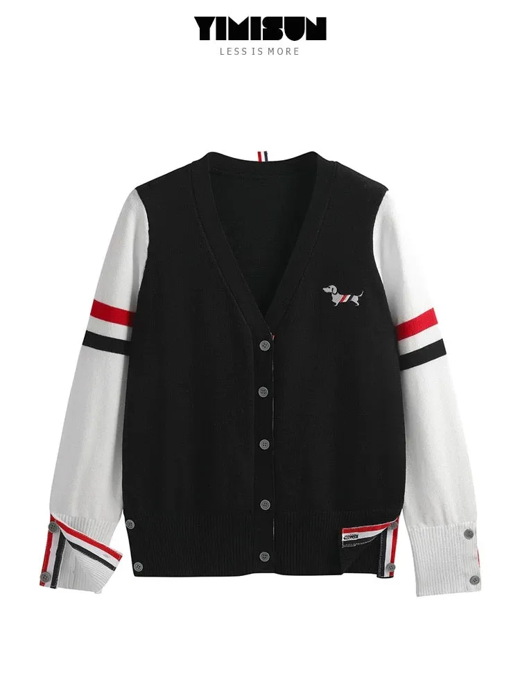 YIMISUN lazy style puppy embroidery Korean version striped color block v-neck knitted cardigan women's loose top jacket trendy