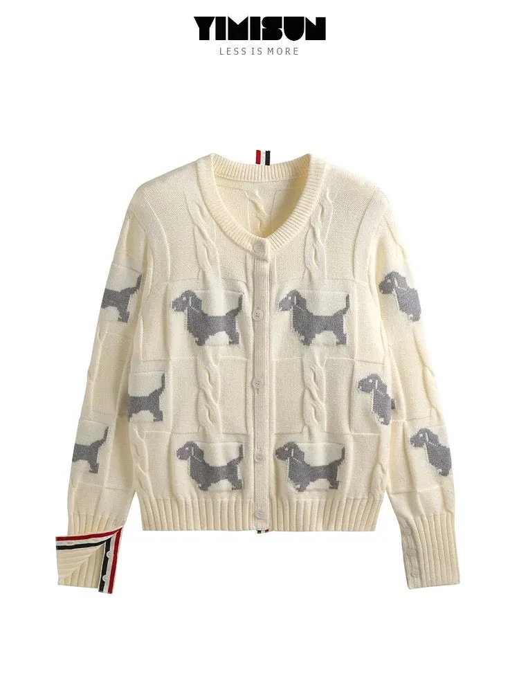 YIMISUN versatile design dog jacquard twist lazy round neck knitted cardigan women's top short jacket
