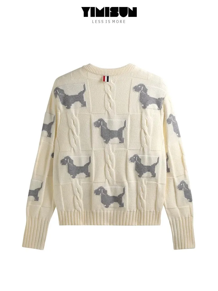 YIMISUN versatile design dog jacquard twist lazy round neck knitted cardigan women's top short jacket
