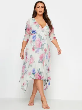Yours Curve Floral Mesh Wrap Hanky Hem Dress