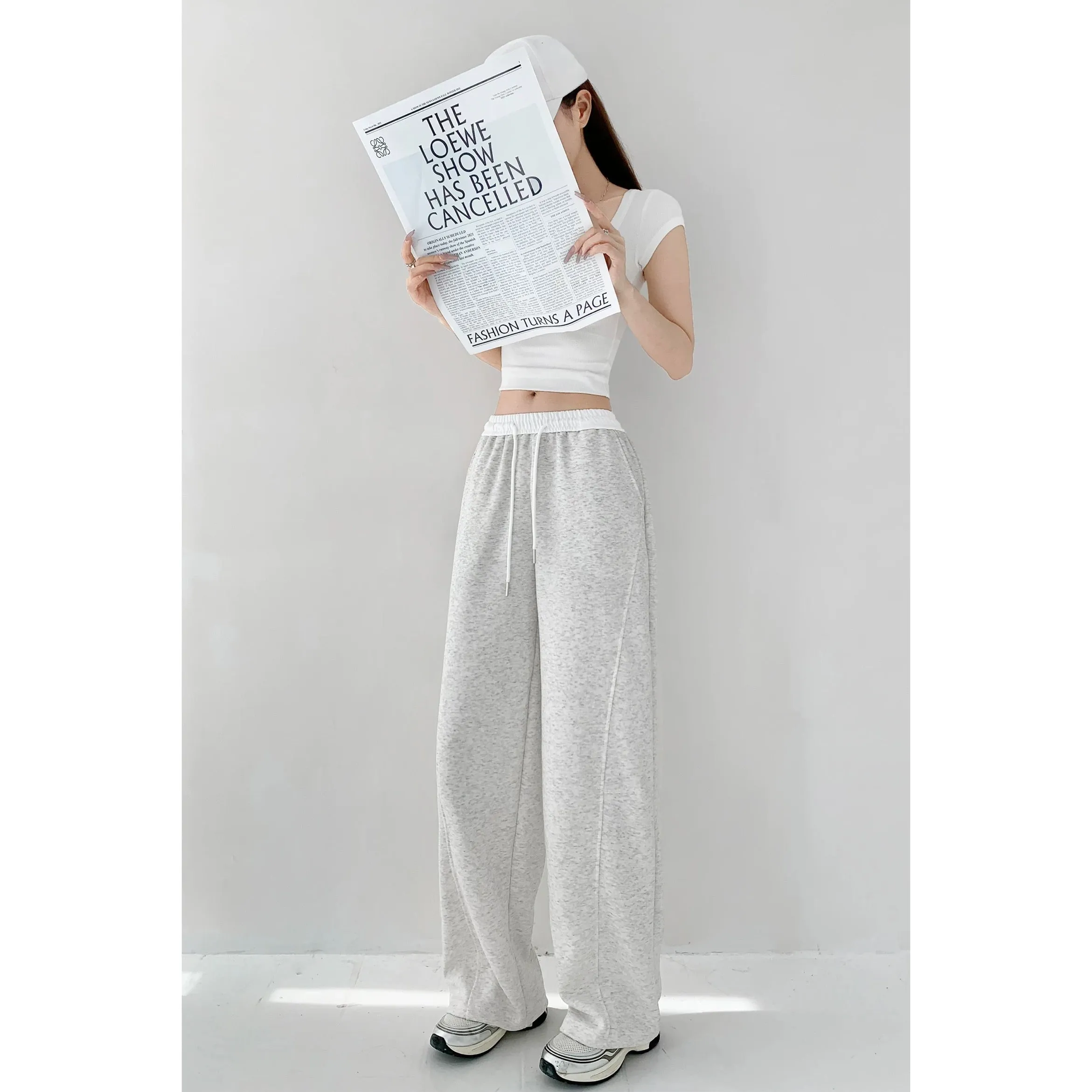 Yuppie role/color matching fake two-piece high-waisted loose slimming wide-leg pants for women heavy drape floor-length sports t