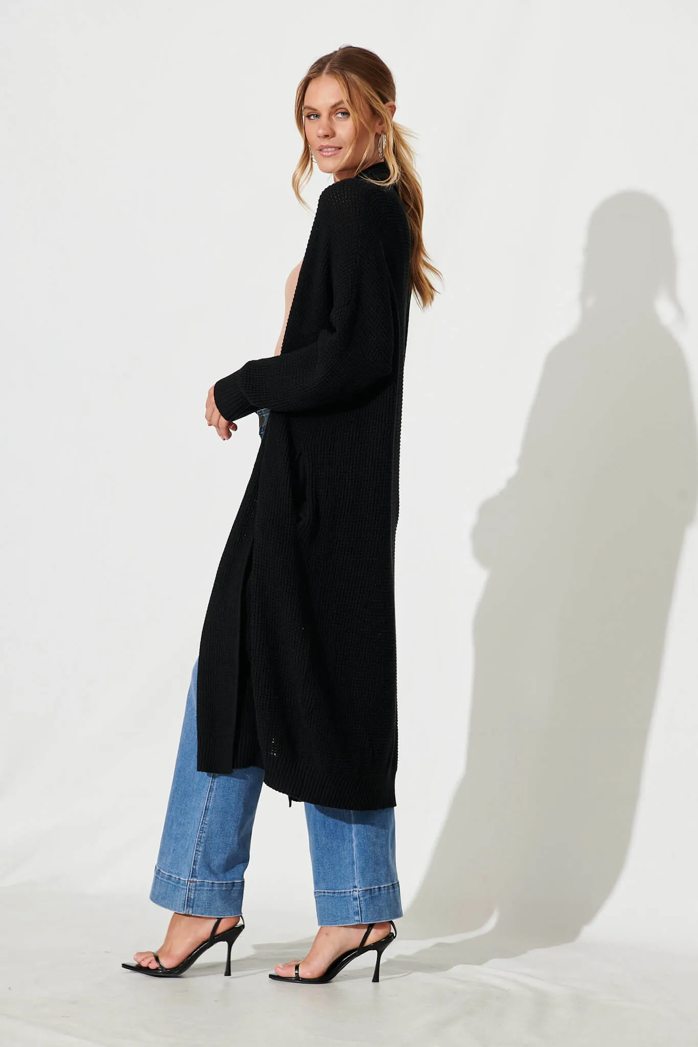 Zellweger Longline Knit Cardigan In Black Cotton Blend