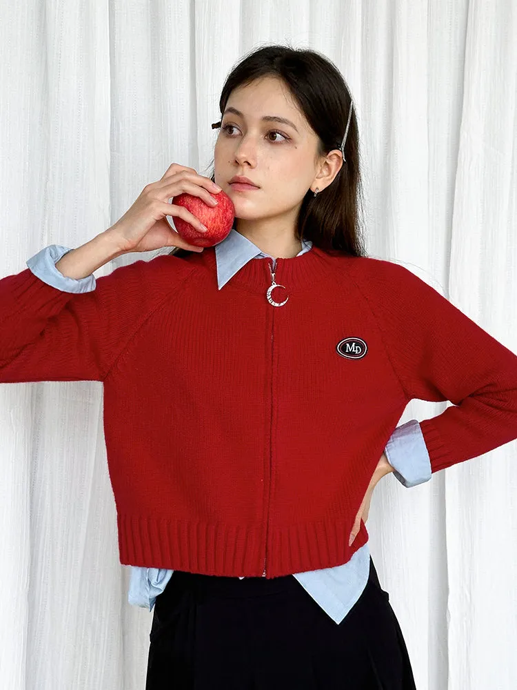 Zip Knit Casual Crew-Neck Simple Badge Red Cardigan