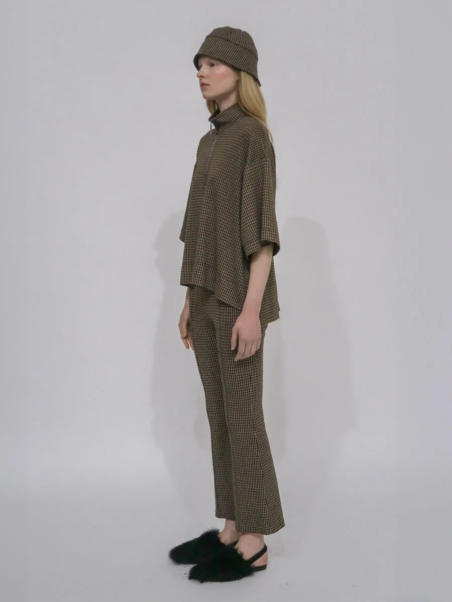 ZIP-UP OVERSIZED POLO TOP - HOUNDSTOOTH